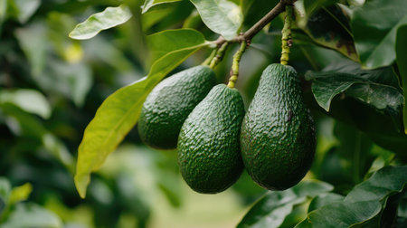 A close-up view of fresh avocados growing on a tree branch, surrounded by vibrant green leaves. Ideal for highlighting healthy eating and organic farming.の素材