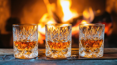Three elegant glasses of whiskey rest on a rustic table beside a warm fireplace, showcasing the rich amber color and inviting atmosphere perfect for relaxation.の素材