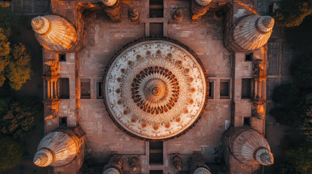 Stunning aerial view of an intricate dome showcasing exquisite architectural details and stunning symmetry, capturing historical beauty from above.の素材