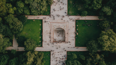 Captivating aerial view of a green park featuring a central architectural structure, surrounded by lush trees and pathways, ideal for relaxation and exploration.の素材