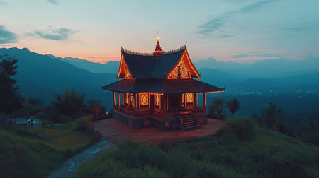 A stunning view of a mountain temple illuminated at twilight. Surrounded by lush greenery, this serene building offers a tranquil escape amidst nature's beauty, perfect for cultural exploration and reflection.の素材