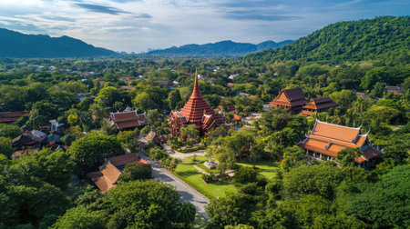 Aerial view showcasing a beautiful temple nestled among lush green trees and mountains, representing serenity and Thai cultural heritage in a tranquil setting.の素材