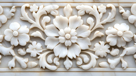 Explore the beauty of this intricate floral carving on a white stone surface, showcasing exquisite craftsmanship and elegant design details perfect for artistic and architectural themes.の素材