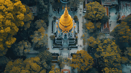 Stunning aerial perspective of a golden temple surrounded by vibrant autumn trees, showcasing architectural beauty and serene nature perfect for travel enthusiasts.の素材