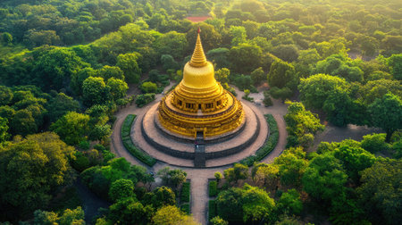 A stunning aerial view of a golden pagoda nestled in a lush green forest, capturing the harmony between architecture and nature in a serene atmosphere.の素材