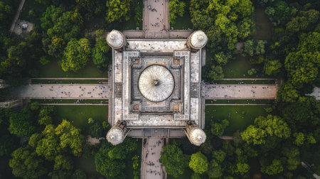 Captivating aerial view of a monument nestled in lush greenery, showcasing intricate architecture and serene surroundings, perfect for travel and tourism themes.の素材