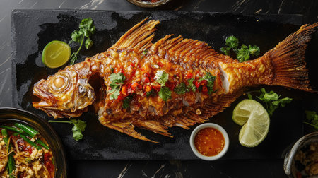 A beautifully presented whole fried fish garnished with herbs, chilies, and served with lime wedges. Perfect for gourmet seafood lovers.の素材