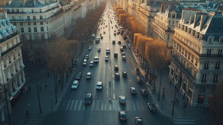 Captivating view of a bustling city street during sunset, showcasing flowing traffic and beautiful architecture. A serene moment in an urban landscape.の素材