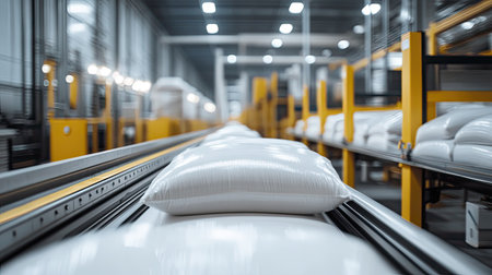 A modern factory interior showcasing a conveyor system transporting bags of material. The scene emphasizes efficiency and high-tech manufacturing processes.の素材