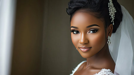 Beautiful portrait of an elegant bride showcasing exquisite makeup and bridal attire. The image captures joy and sophistication, perfect for wedding themes.の素材