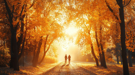 A couple enjoying a romantic walk through a vibrant autumn forest at sunrise, surrounded by golden leaves and warm sunlight, creating a serene atmosphere.の素材