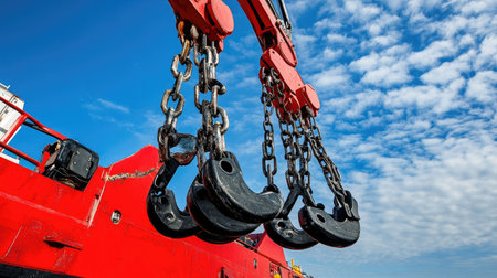 A close-up view of heavy crane hooks and chains against a vibrant blue sky. This image captures the power and precision of industrial lifting equipment in action.の素材