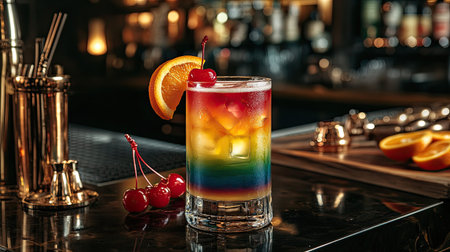 A vibrant rainbow cocktail filled with ice and garnished with a cherry and orange slice, served in an elegant bar setting, perfect for celebrations.の素材