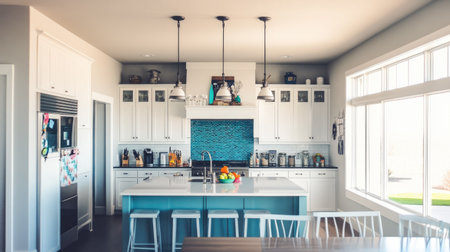 A modern kitchen showcasing a sleek design with white cabinetry and blue tile accents, featuring an inviting layout with ample natural light.の素材