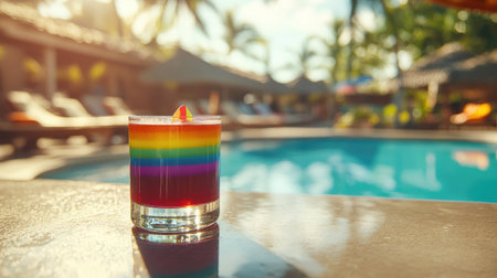 A vibrant layered cocktail sits on a countertop by a sparkling pool, embodying a perfect summer escape. Ideal for vacation and relaxation themes.の素材