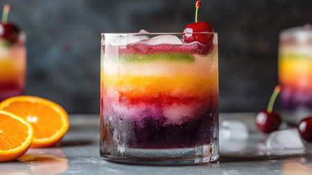 A vibrant and colorful layered drink featuring ice, fruit, and a cherry garnish, perfect for summer parties and refreshing occasions.の素材