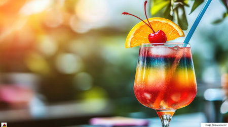 A vibrant cocktail garnished with a cherry and orange slice, served in a stylish glass. Perfect for summer parties or relaxing outdoor moments with friends.の素材