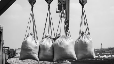 Black and white image showcasing bags being lifted by a crane. This representation highlights industrial operations, emphasizing logistics and transportation processes in a port setting.の素材