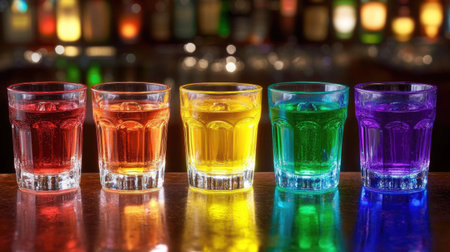 A vibrant display of colorful shot glasses filled with various liquors, creating a lively bar atmosphere perfect for celebrations and gatherings.の素材