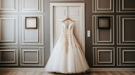 A stunning wedding dress gracefully hangs in a beautifully designed room, showcasing elegance and charm. Perfect for bridal and wedding-themed projects.の素材