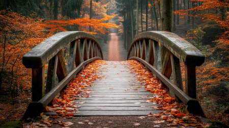A charming wooden bridge leads through a vibrant autumn forest. Warm hues of red and orange leaves create a serene and inviting scene perfect for nature lovers.の素材