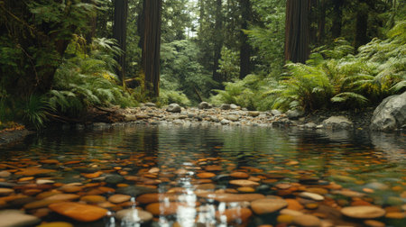 A serene stream flows through a lush forest filled with vibrant greenery and rocky elements, creating a tranquil atmosphere perfect for relaxation and reflection.の素材
