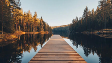A tranquil scene of a wooden dock extending into a clear lake, surrounded by lush green forests and peaceful reflections. Perfect for nature enthusiasts.の素材