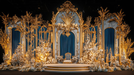 Stunning stage setup showcasing a floral design with gold and blue accents, perfect for elegant events, celebrations, or artistic performances.の素材