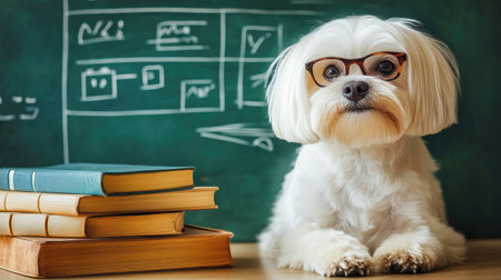 A charming dog wearing glasses sits beside a stack of books in a classroom. This delightful scene captures the essence of knowledge and cuteness in an educational setting.の素材