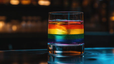 A vibrant, colorful layered drink in a glass, showcasing a rainbow effect. Ideal for celebrations, nightlife, and creative mixology events.の素材