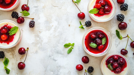 A vibrant and fresh dessert featuring creamy layers topped with cherries, raspberries, and blackberries, garnished with mint leaves, perfect for any occasion.の素材