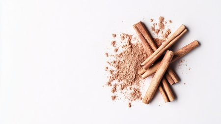 A collection of cinnamon sticks and powder arranged on a clean white surface, showcasing the natural beauty and versatility of this aromatic spice in culinary use.の素材