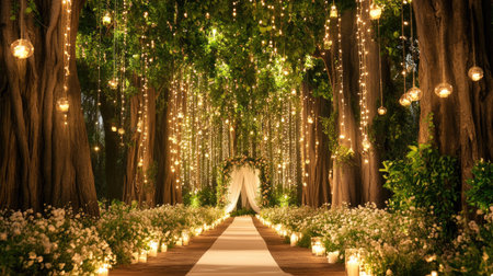 A magical wedding scene in a forest, adorned with glowing fairy lights and delicate flowers, creating a romantic ambiance for a beautiful celebration.の素材