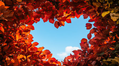 This captivating image features a heart-shaped frame crafted from vibrant autumn leaves, showcasing a serene blue sky in the background, embodying nature's beauty.の素材