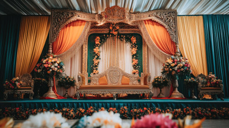 An elegant decorative stage adorned with vibrant flowers and luxurious fabrics, perfect for weddings and celebrations, showcasing rich colors and detailed design.の素材