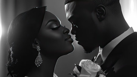 A captivating black and white portrait of a couple sharing a tender moment, showcasing emotion and connection in an elegant wedding setting.の素材