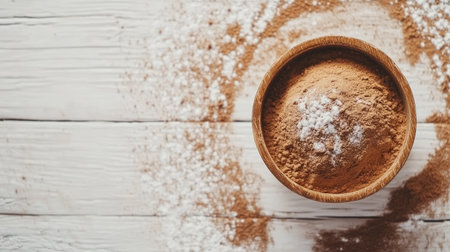 Delve into the rich texture of cocoa powder in a wooden bowl, perfect for culinary creations. Ideal for baking and dessert recipes on a rustic tabletop.の素材
