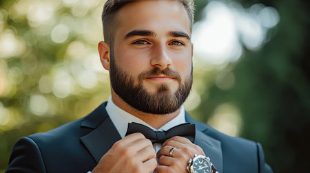 A handsome man in a formal suit and bow tie poses confidently outdoors, showcasing elegance and style in a sunlit environment. Perfect for fashion and celebration themes.の素材