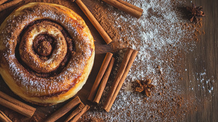 A warm cinnamon roll topped with sugar sits surrounded by cinnamon sticks and powder, creating a rustic and inviting food scene perfect for breakfast or dessert.の素材