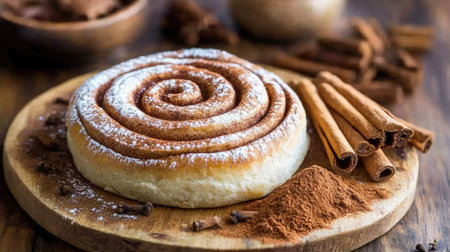 A mouthwatering cinnamon roll dusted with powdered sugar, accompanied by cinnamon sticks and ground spices, perfect for enhancing any dessert table.の素材
