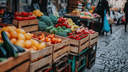 A vibrant outdoor market stall filled with a variety of fresh fruits and vegetables, showcasing the rich colors and textures of seasonal produce.の素材