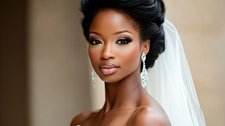 Captivating portrait of a beautiful bride showcasing stunning makeup and exquisite jewelry. Perfect for wedding and beauty themes.の素材