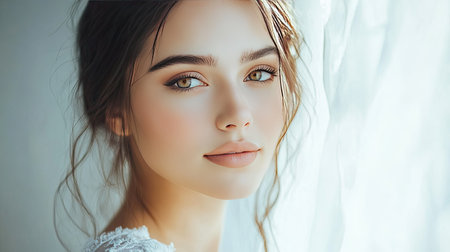 A captivating portrait of a young woman with delicate features, captured in soft light, evoking a sense of serenity and natural beauty. Ideal for lifestyle and beauty themes.の素材