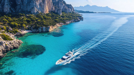 A stunning aerial view of a luxurious yacht gliding through crystal clear waters, surrounded by breathtaking cliffs and lush greenery. Ideal for travel and nature themes.の素材