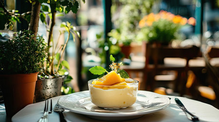 A delightful dessert featuring creamy goodness topped with fresh fruits and herbs, elegantly presented in a cafe setting, inviting relaxation and indulgence.の素材