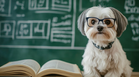A cute dog wearing glasses sits in a classroom beside an open book, capturing the essence of learning and fun in an educational environment.の素材
