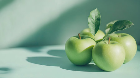 A vibrant arrangement of fresh green apples with leaves on a light surface. Perfect for healthy eating concepts, minimalistic designs, and organic food styling.の素材