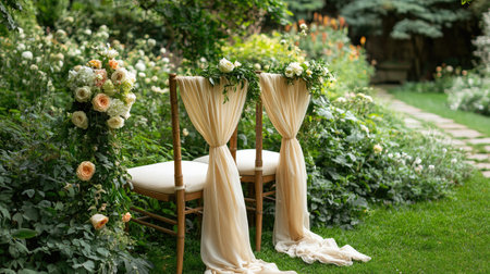 Captivating outdoor wedding scene featuring elegant chairs adorned with floral arrangements, draped fabric, and vibrant greenery, ideal for romantic events.の素材