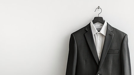A stylish gray suit elegantly hanging on a hanger. The minimalist background highlights the garment's detail, perfect for fashion and business themes.の素材
