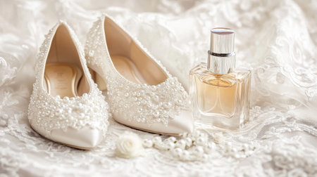 Beautifully arranged wedding shoes adorned with pearls alongside an elegant perfume bottle, set on soft fabric. Perfect for bridal-themed visuals.の素材